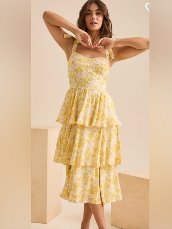 Altar'd State Dresses & Skirts - Altar’d State Yellow Floral Tiered Midi Dress with Tie Straps